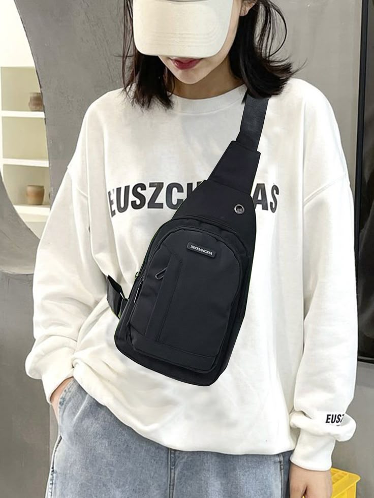 Woman in white sweatshirt and nylon bags