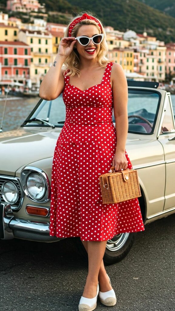 Girl in red dress and head band with white polka dots