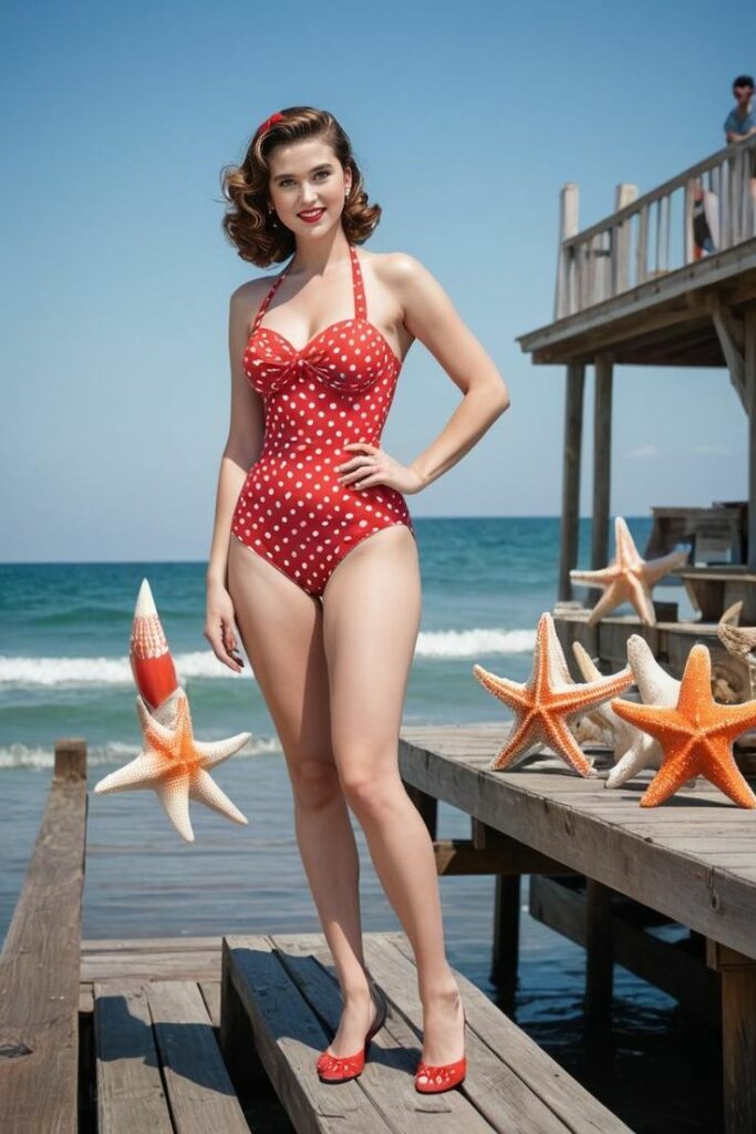 woman in red one piece bathing suit with white polka dots