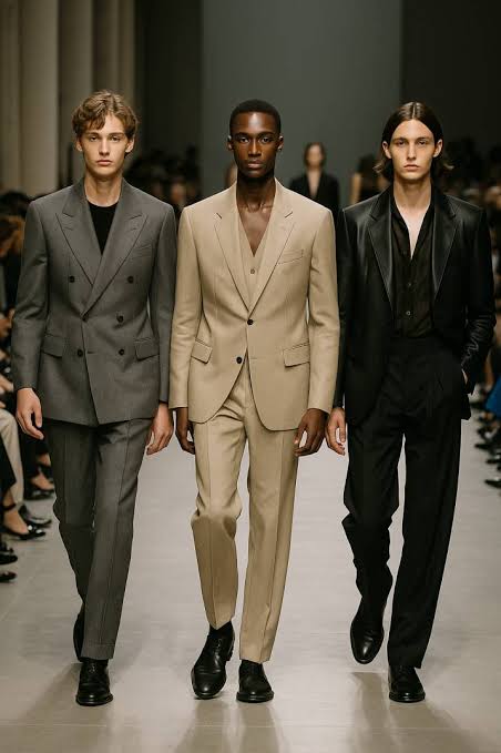 3 male models on the runway wearing gray, beige and black suits at Paris Fashion Week Men’s spring 2025