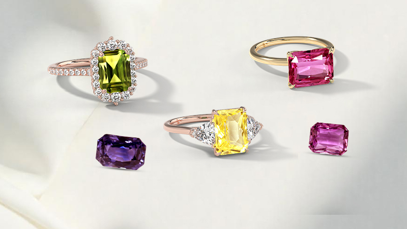 Emerald cut sapphire ring with other colors of sapphire