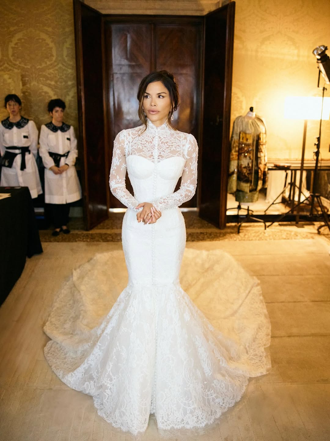 Lauren Sánchez married Jeff Bezos in a Dolce & Gabbana couture mermaid wedding gown inspired by Sophia Loren’s wedding gown in the 1958 film “Houseboat.”