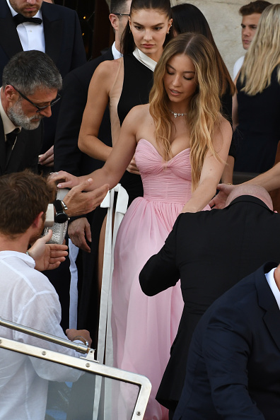Sydney Sweeney wore a custom Oscar de la Renta blush pink silk chiffon gown at Jeff Bezos and Lauren Sanchez’s wedding on the island of San Giorgio Maggiore in Venice.