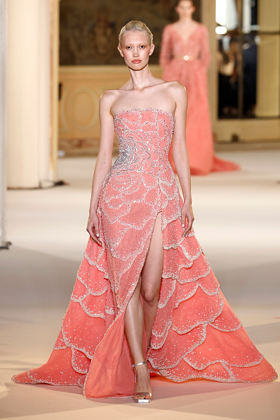 Tony Ward Haute Couture’s Fall/Winter 2024-2025 collection featured a two-tone strapless embroidered gown with a thigh-high slit.