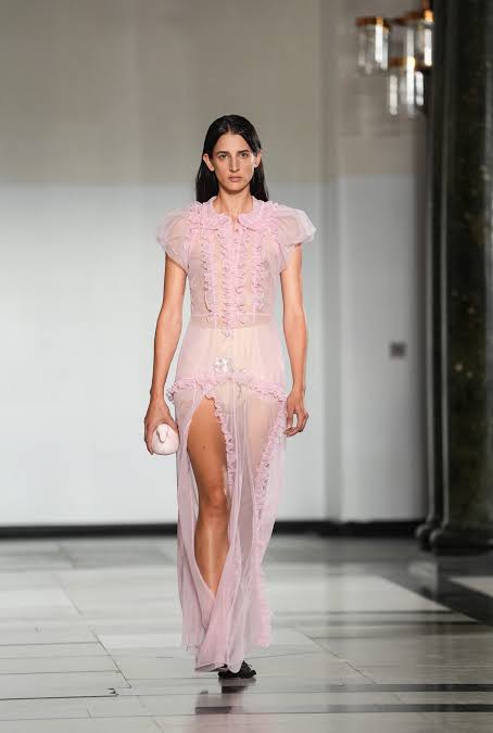 Girl in pink sheer dress with high slit displaying Sheer & Balletcore