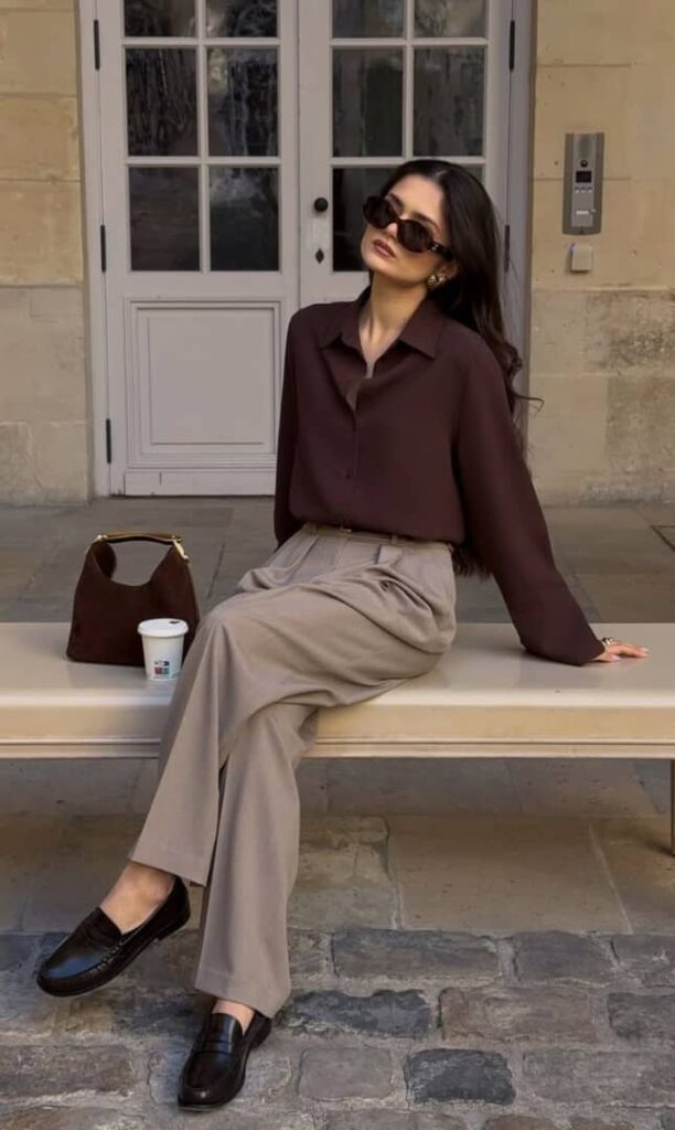 World Cup Fan Fashion woman in khaki slacks with burgundy blouse