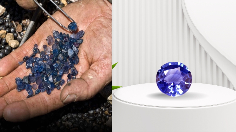 a sapphire gemstone alone next to a hand holding many sapphires