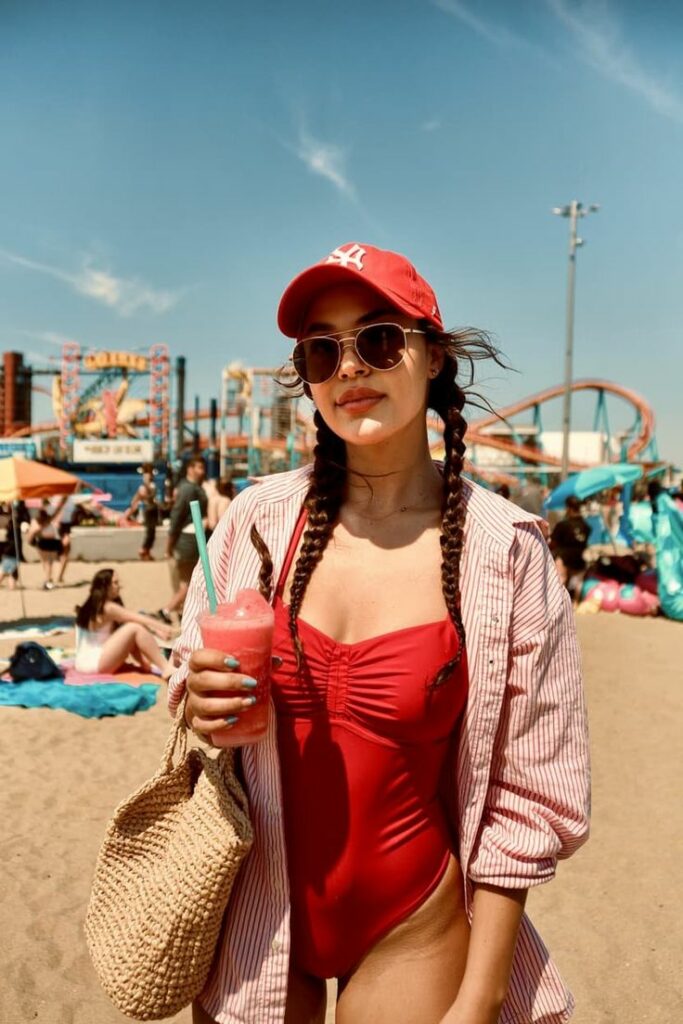 Young girl in red bathing suit Tomato Girl outfit