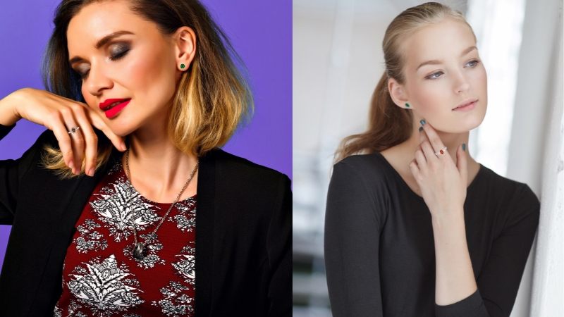 Two woman wearing their respective birthstones