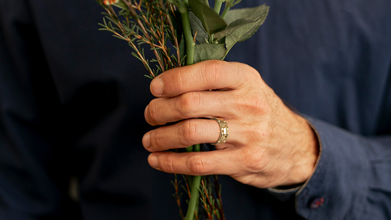 image of man hand with men’s wedding bands on finger