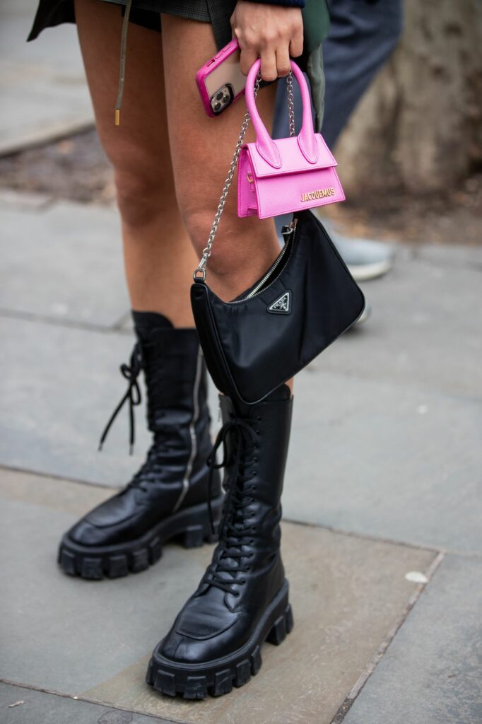 pink and black nylon bags