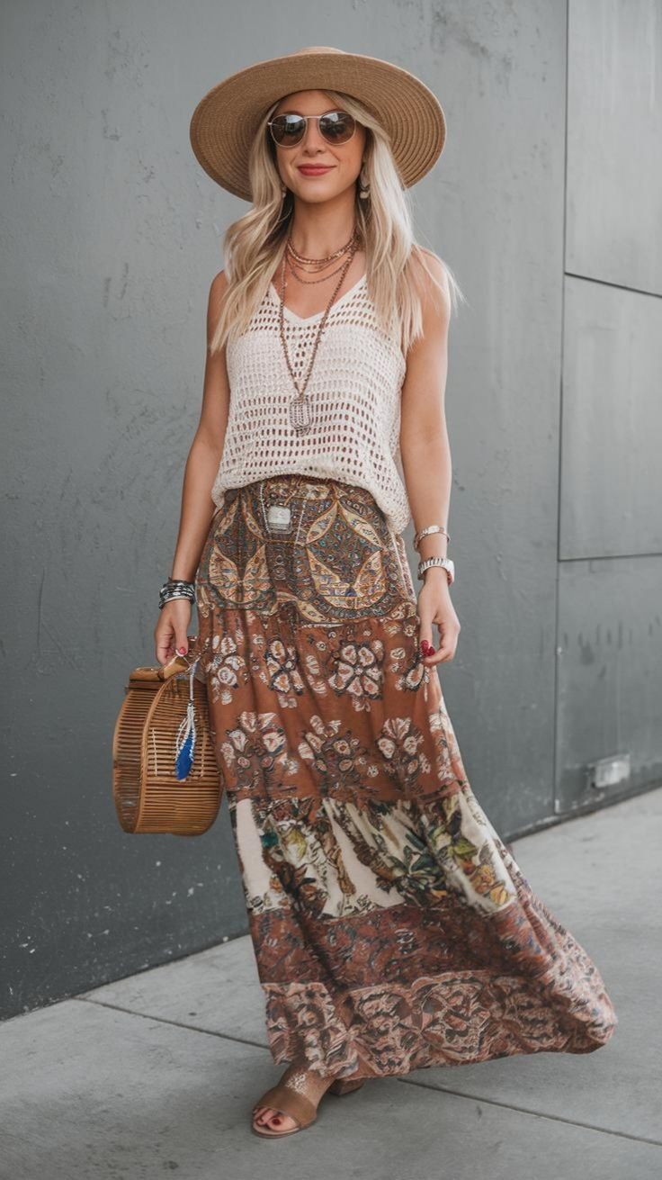 boho maxi skirts with crochet tank top