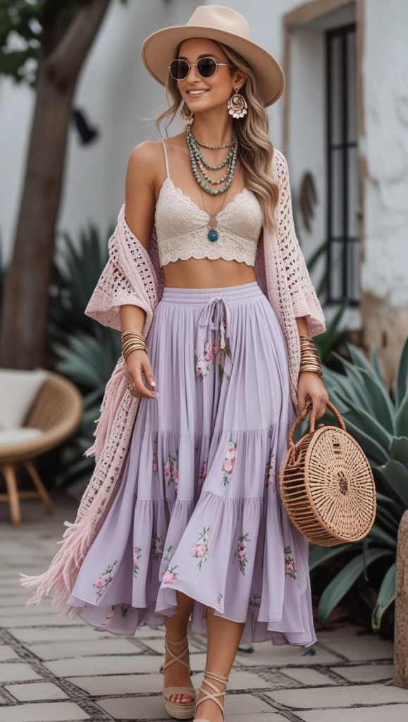 boho maxi skirts with crochet bikini top
