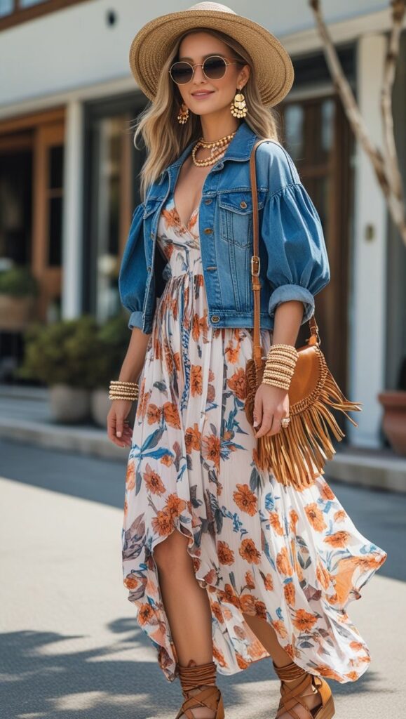 Woman in Jeans jacket, sun glasses and Boho dress