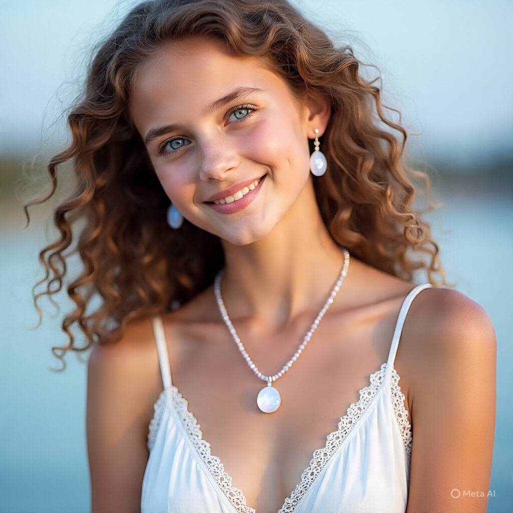 girl in white dress and Moonstone crystal jewelry