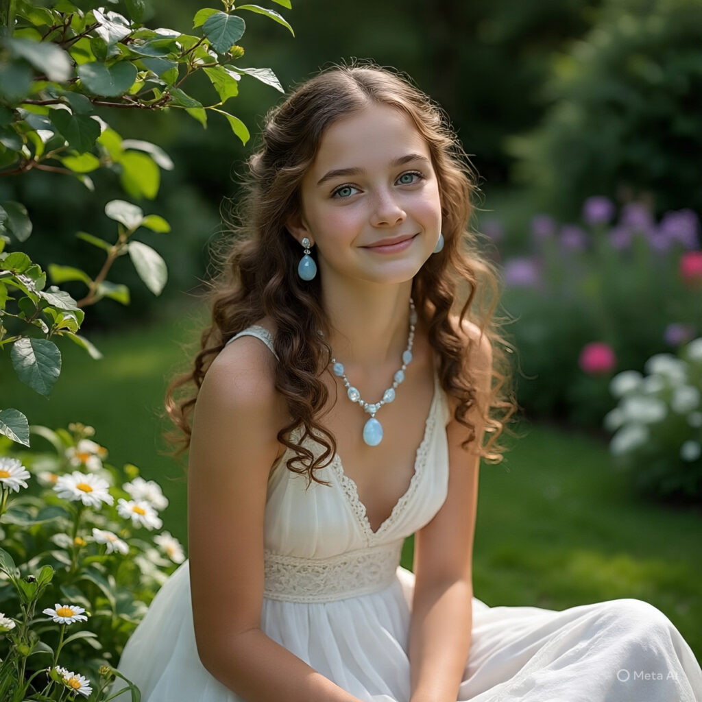 Girl with dark hair wearing white dress and Moonstone crystal