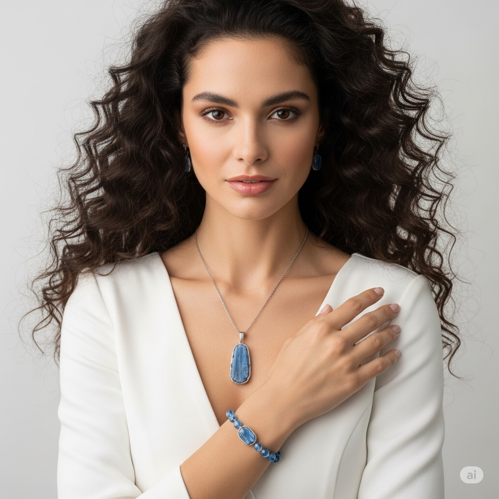 Dark haired woman in V neck wearing Kyanite jewelry