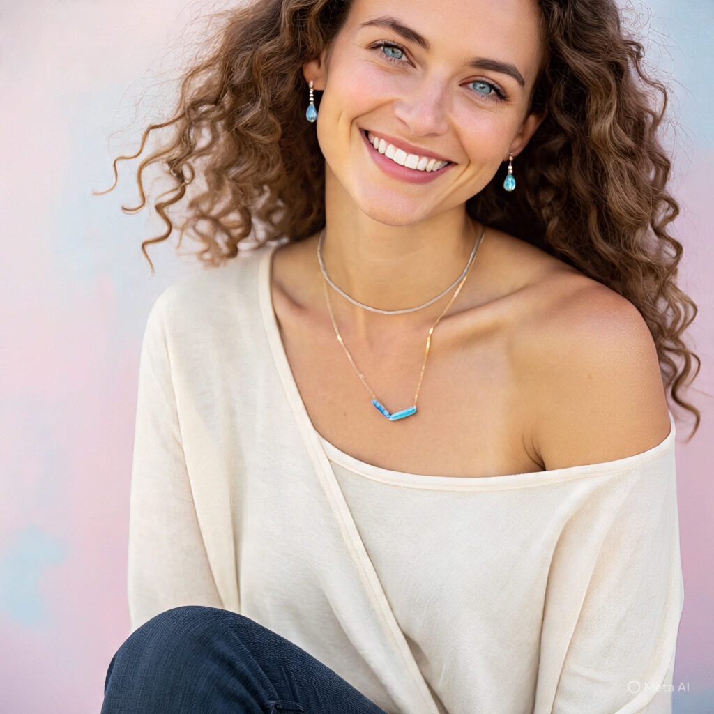 Woam wearing off the shoulder shirt and Kyanite jewelry