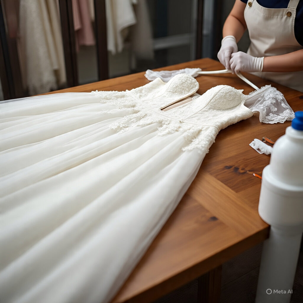 white wedding dress during alterations 