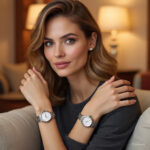 Blonde woman wearing 2 watches to display current watch trends