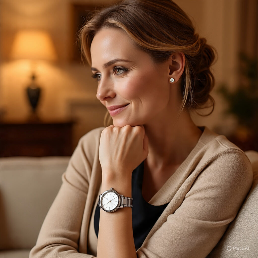 Blond woman in biege blouse showing  watch trends with a silver watch