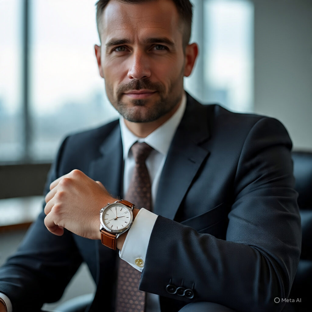Man in a smart suit wearing leather strapped silver watch displaying watch trends
