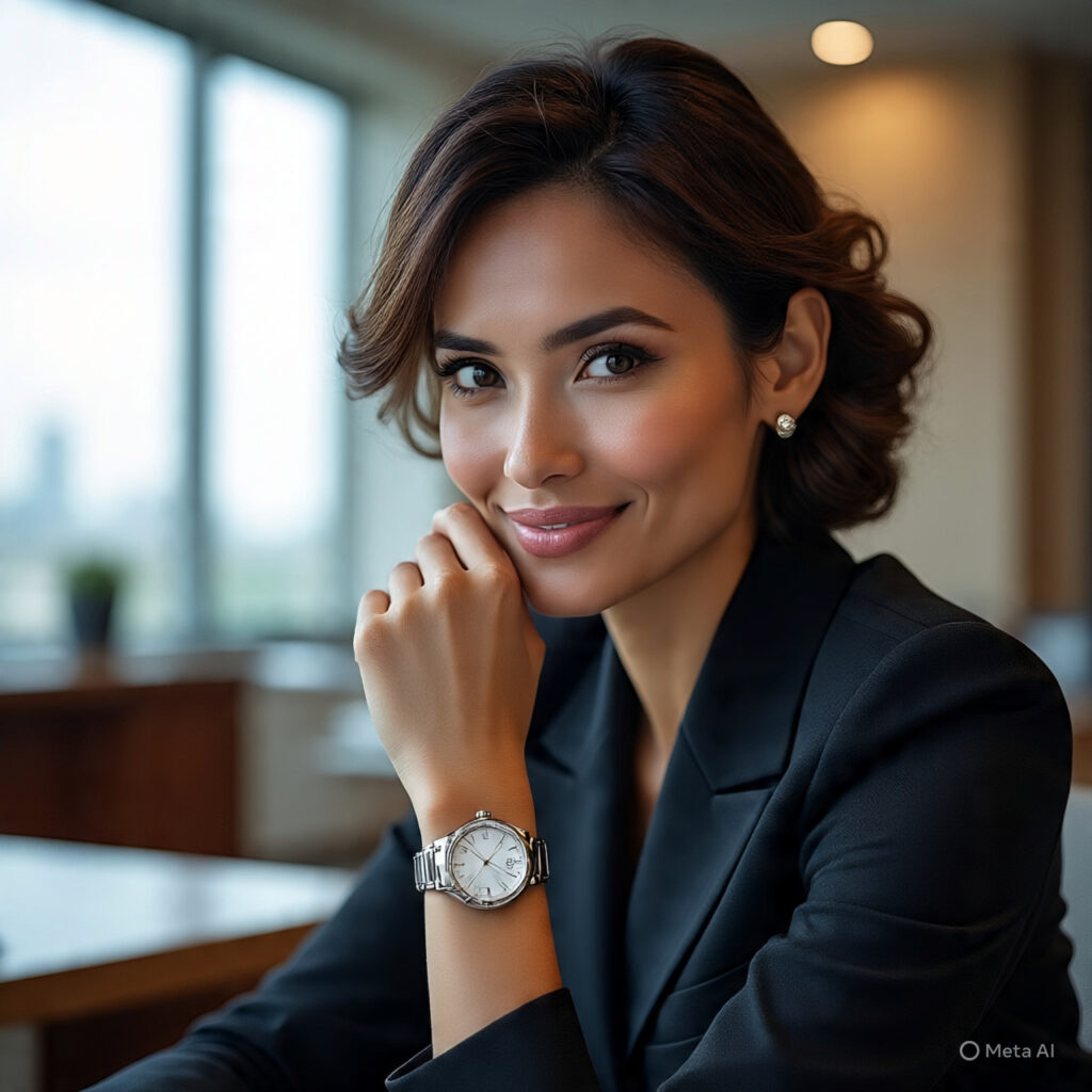 Short haired woman in a smart suit displaying her silver watch