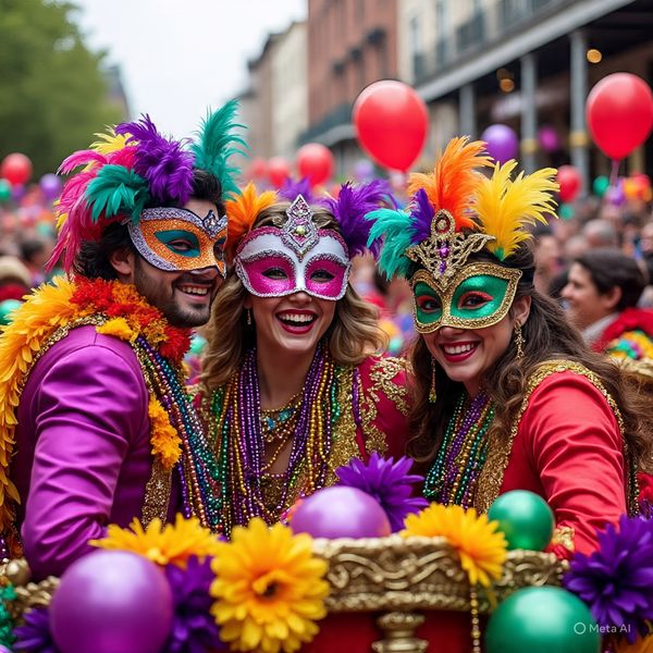 3 people in Mardi Gras Carnival costumes