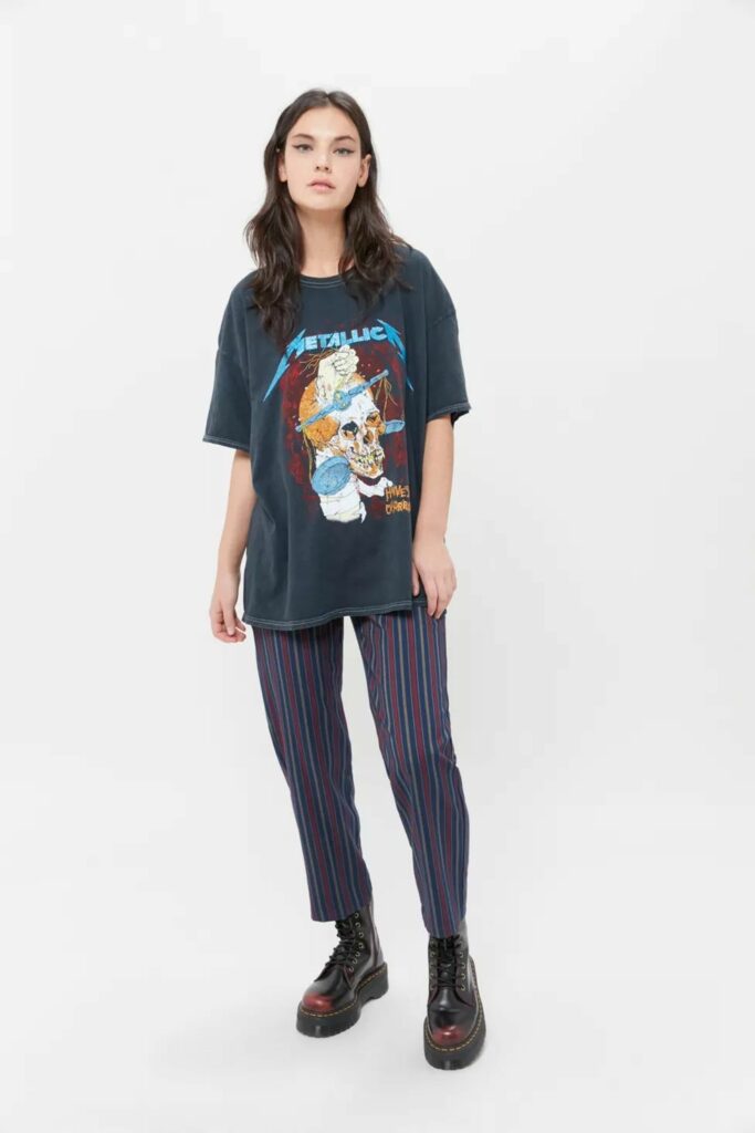 girl wearing blue Metalica Band tees