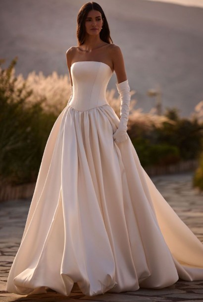 strapless Wedding Dress Vladiyan with elbow length gloves white