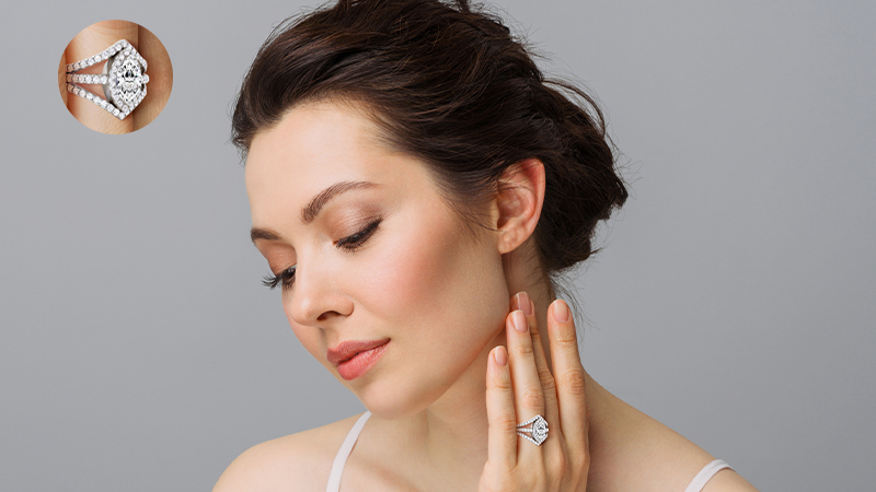 woman wearing lab grown diamond engagement rings