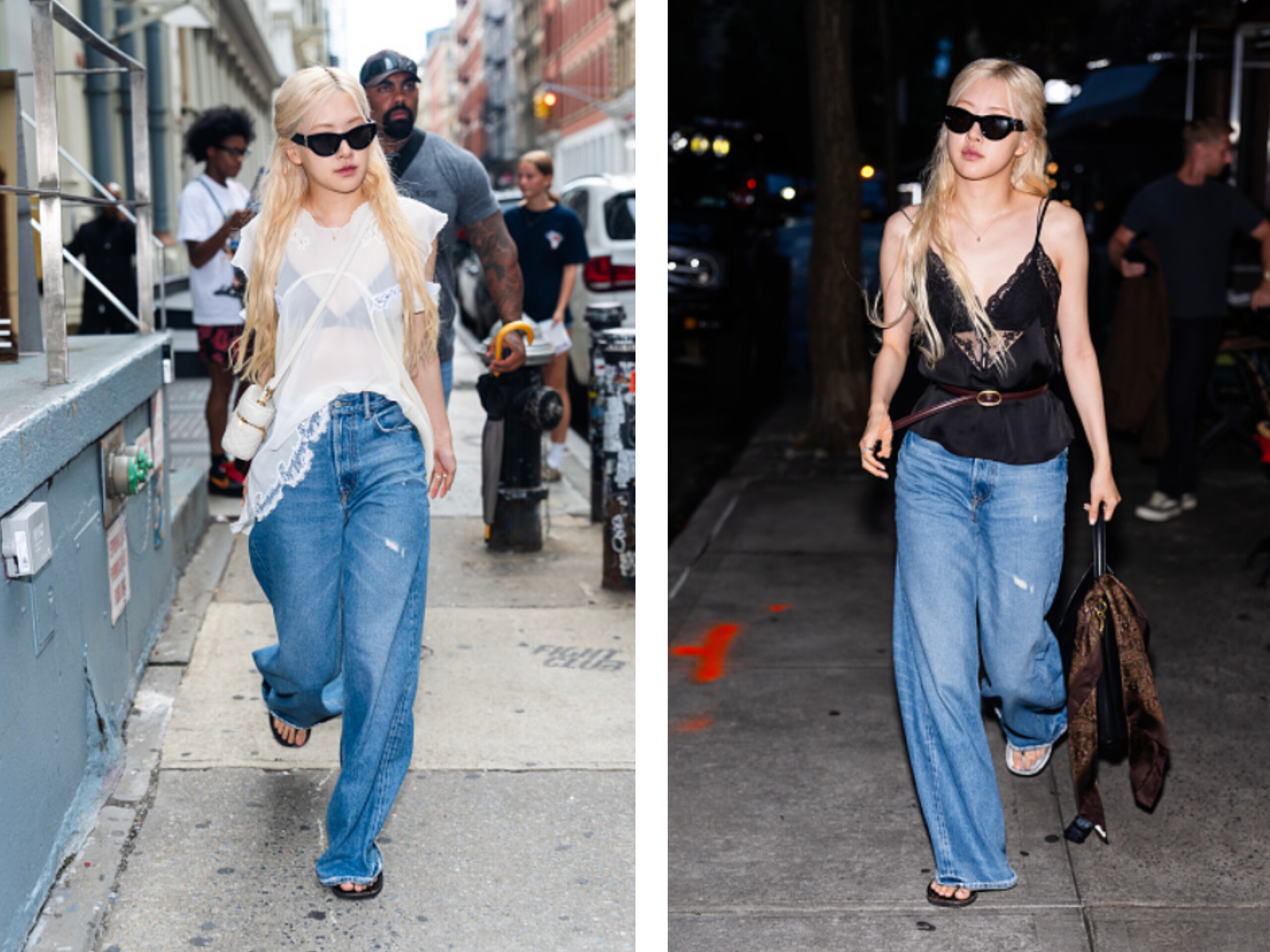 Blackpink Rosé takes the stage in stunning street-style costumes combined with blue Acne Studios wide-leg trousers ahead of their Deadline World Tour stop in New York City.