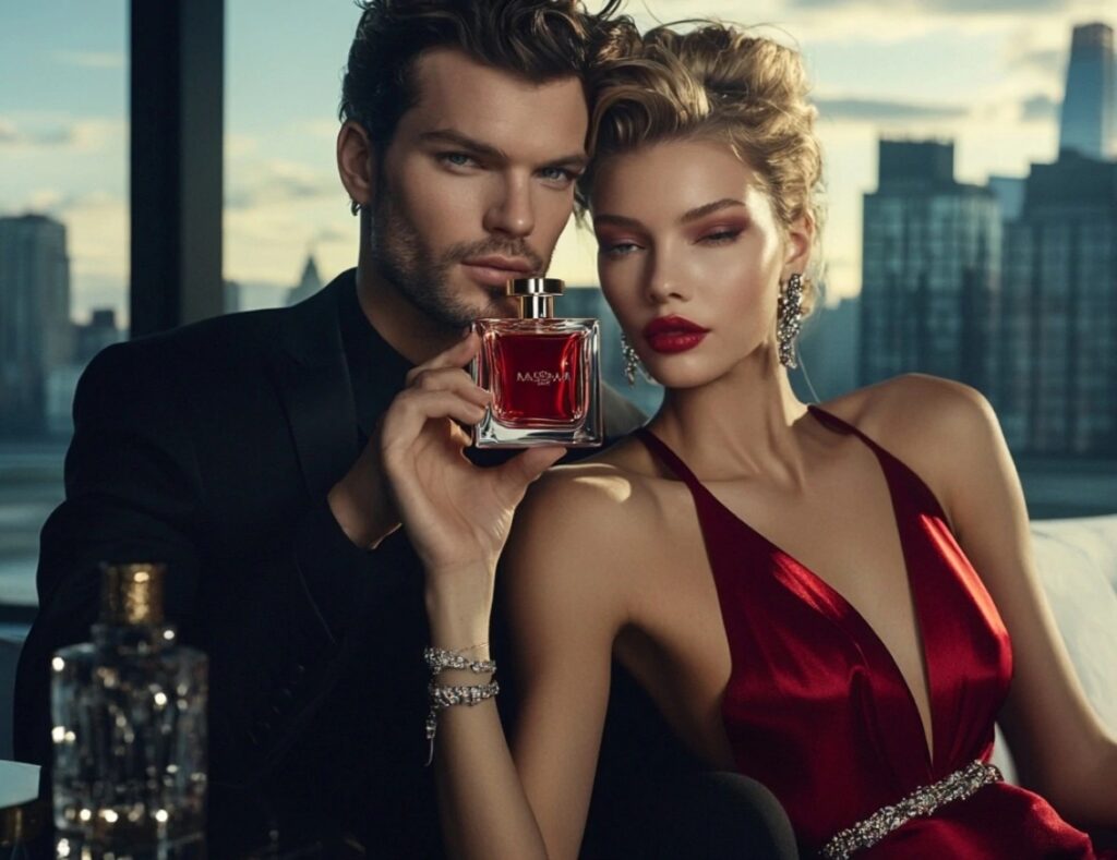 couple holding types of fragrances