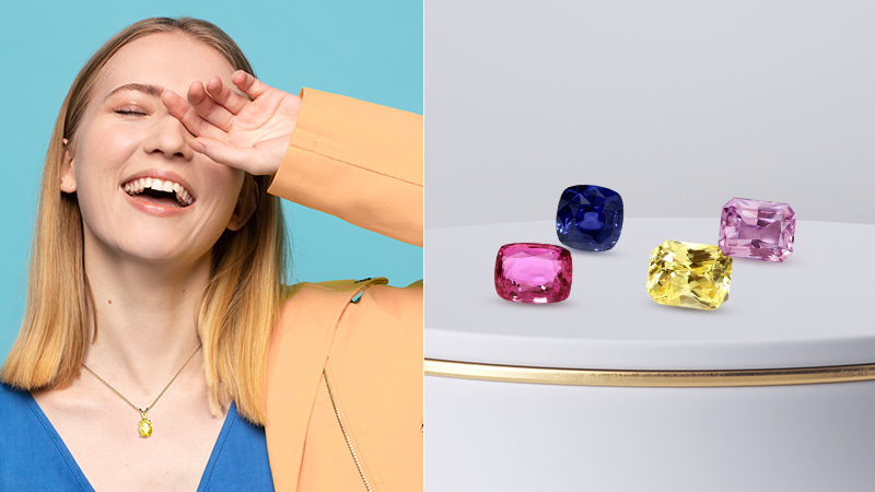 woman wearing peach swaeter with 4 colored sapphire stones