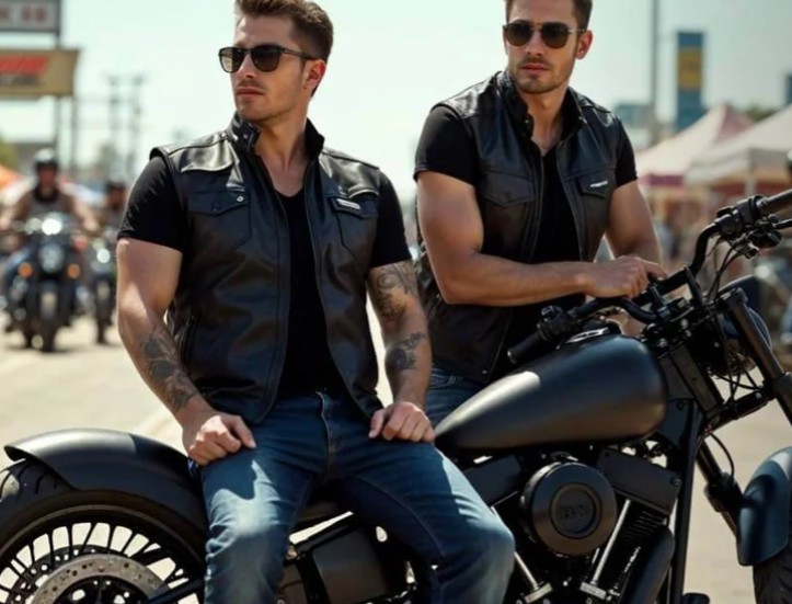 Two men on motorcycle wearing Renegade Biker Gears
