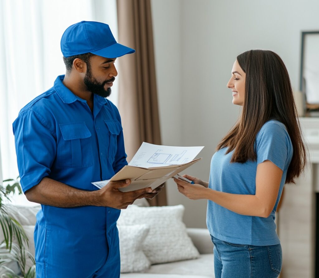 Mover talking to woman fashion on the move