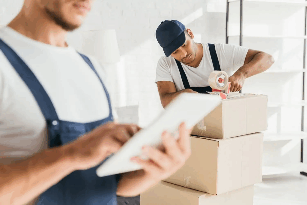 Man looking at list while other man packs box