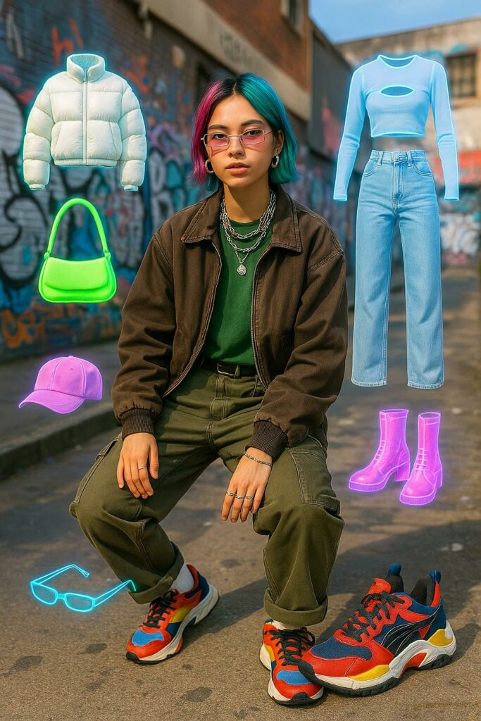Girl wearing and surrounded by  Gen Z fashion