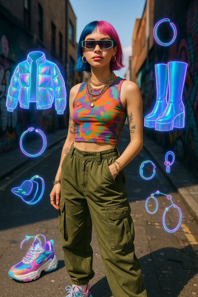 girl wearing khaki pants and colorful crop top surrounded by Gen Z fashion