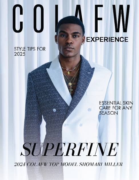 Man in multo colored blazer on magazine type cover for Colombia Fashion Week 