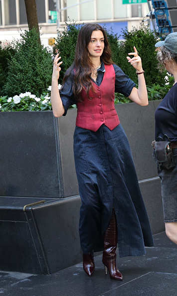 Anne Hathaway maroon vest and black dress