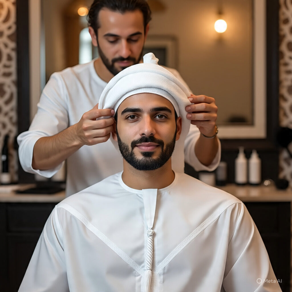 man with towel on head recieving advanced hair treatment solutions