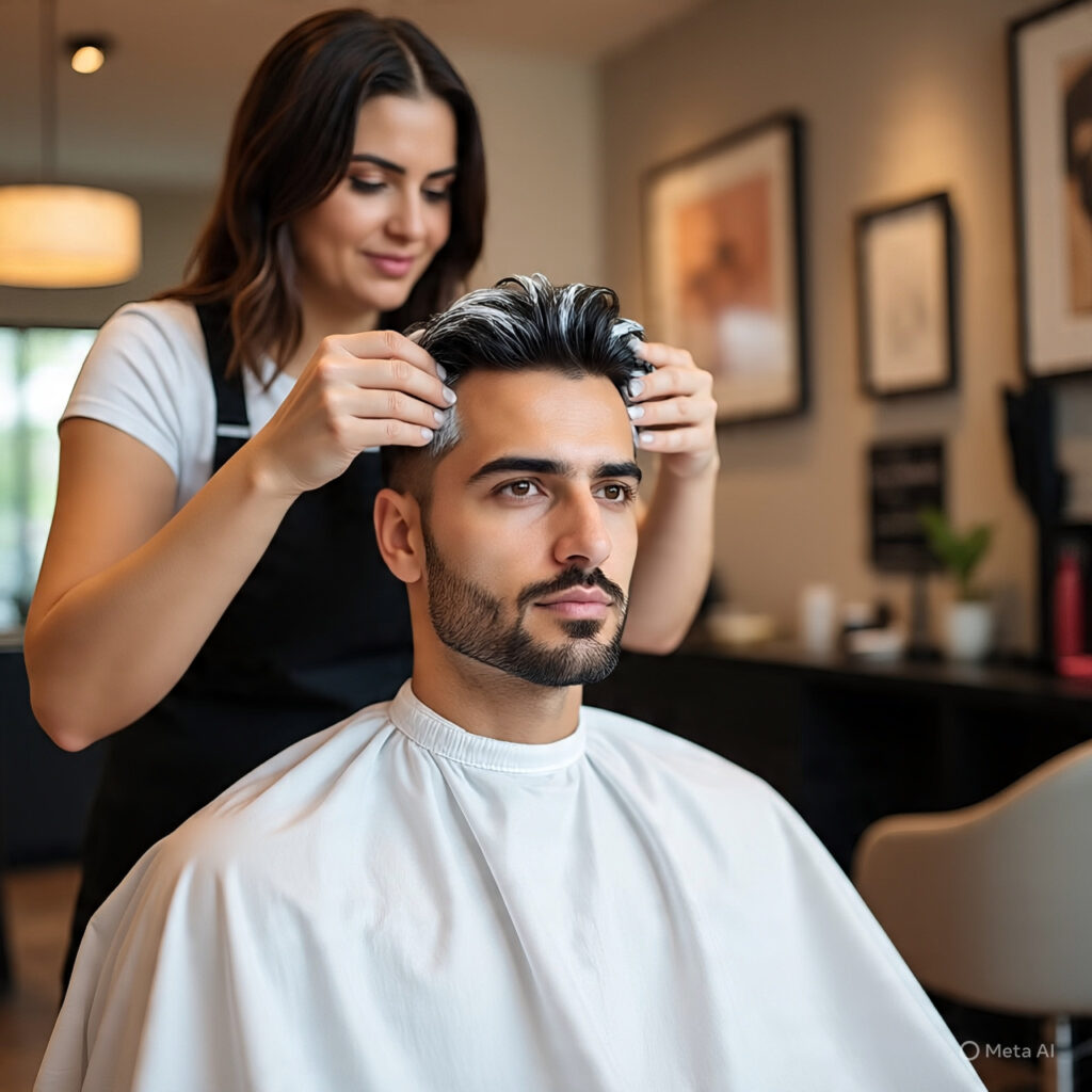 man in salon recieving advanced hair treatment solutions