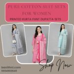 woman wearing Bani Thani’s Pure Cotton Suit Sets for Women in green, red, and gray