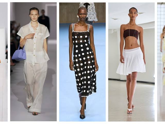 3 models one in polka dot, another in tube top and skirt and last in pants suit
