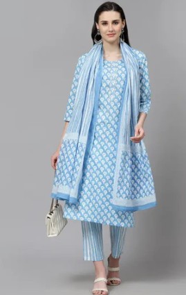 woman wearing Bani Thani’s Pure Cotton Suit Sets for Women in baby blue 