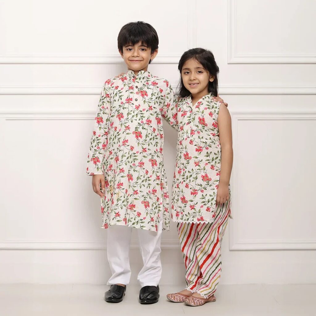 Matching White and Multifloral Collared Suit Traditional Outfits for Brother and Sister