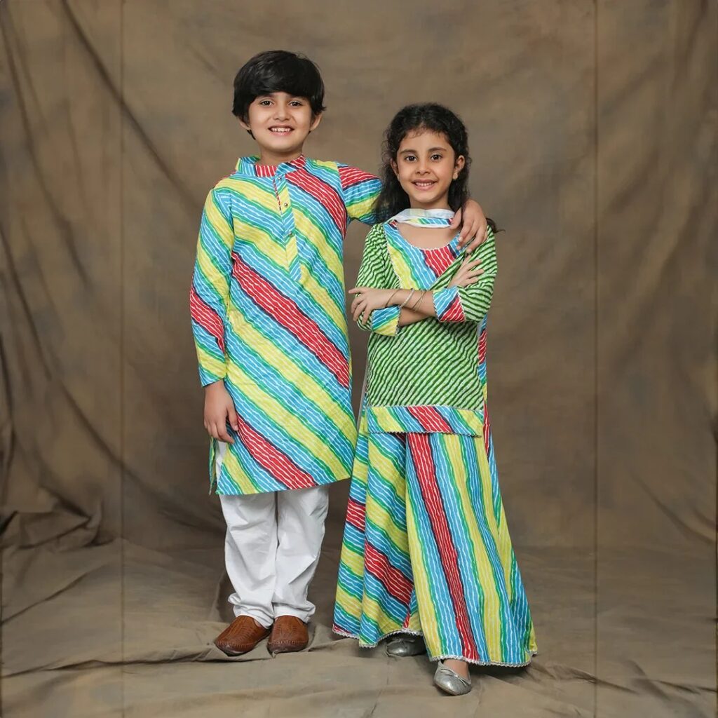 Vibrant Green and Multicolored Leheriya Traditional Outfits for Brother and Sister