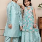 Shining Aqua Blue Lehenga and Peplum Top with Matching Kurta Pyjama