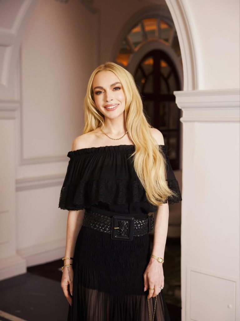 Lindsay Lohan in Saint Laurent and Ludovic De Saint Sernin without sun glasses